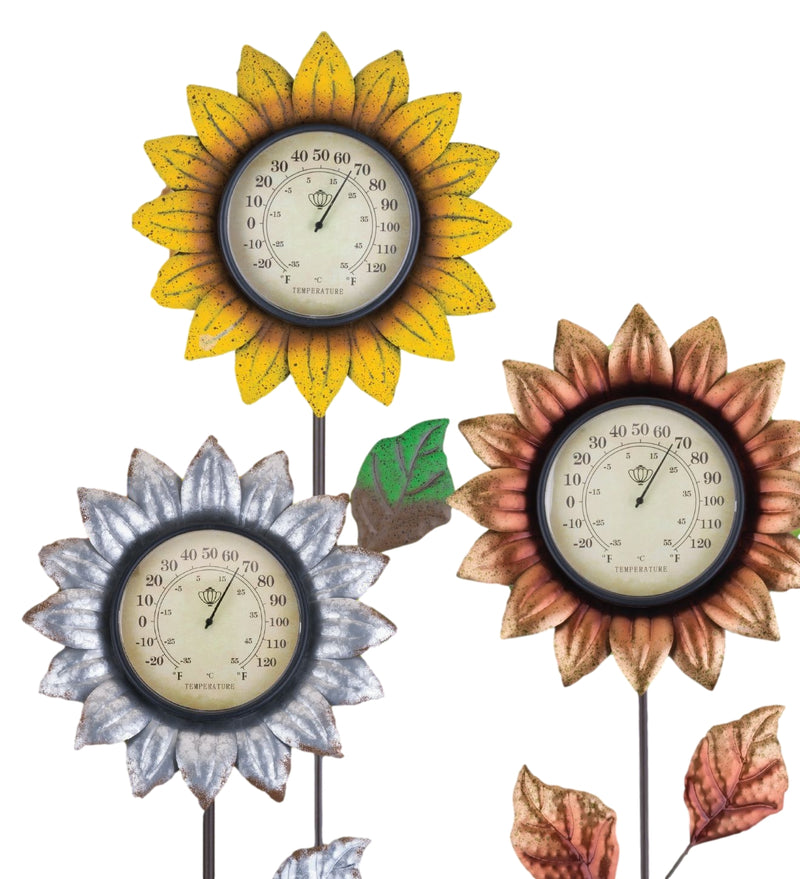 Solar Galvanized Metal Flower Thermometer Garden Stake