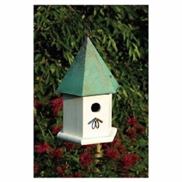White Wood Bird House with Verdi Green Copper Roof - YourGardenStop