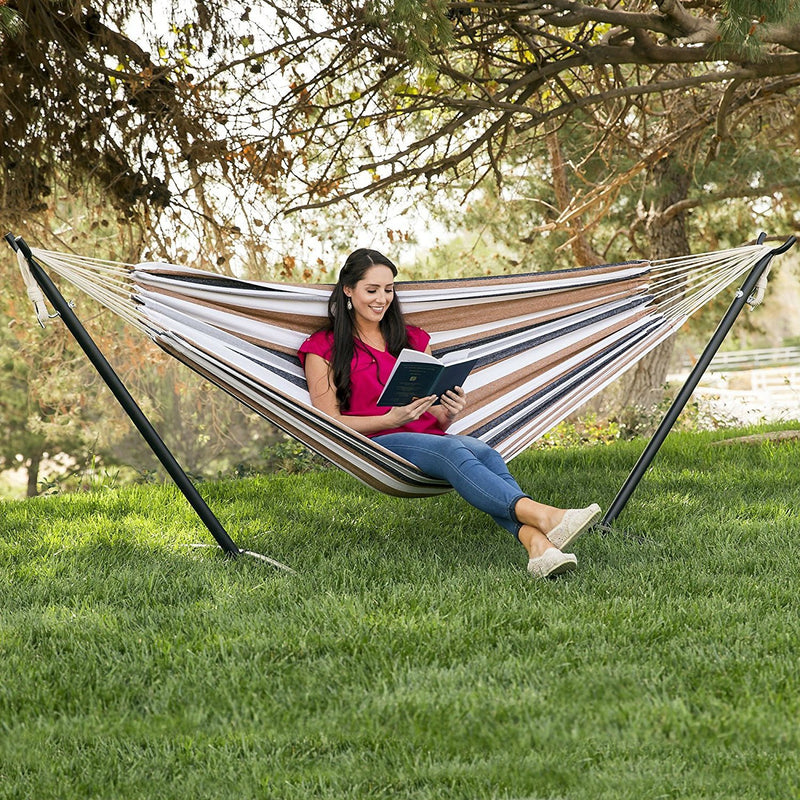 Portable Cotton Hammock in Desert Strip with Metal Stand and Carry Case - YourGardenStop