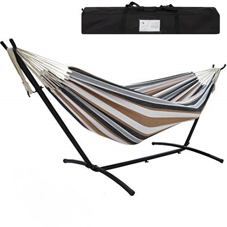 Portable Cotton Hammock in Desert Strip with Metal Stand & Carry Case - YourGardenStop