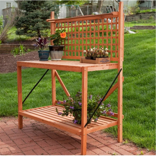Outdoor Weather Resistant Fir Wood Potting Bench Garden Table with Lattice Back - YourGardenStop