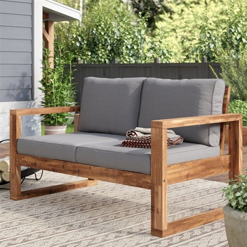 FarmHouse Modern Outdoor Acacia Loveseat with Grey Cushion - YourGardenStop