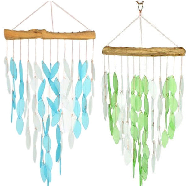 Green or Blue Waterfall Wind Chime Glass/Driftwood Ocean - YourGardenStop