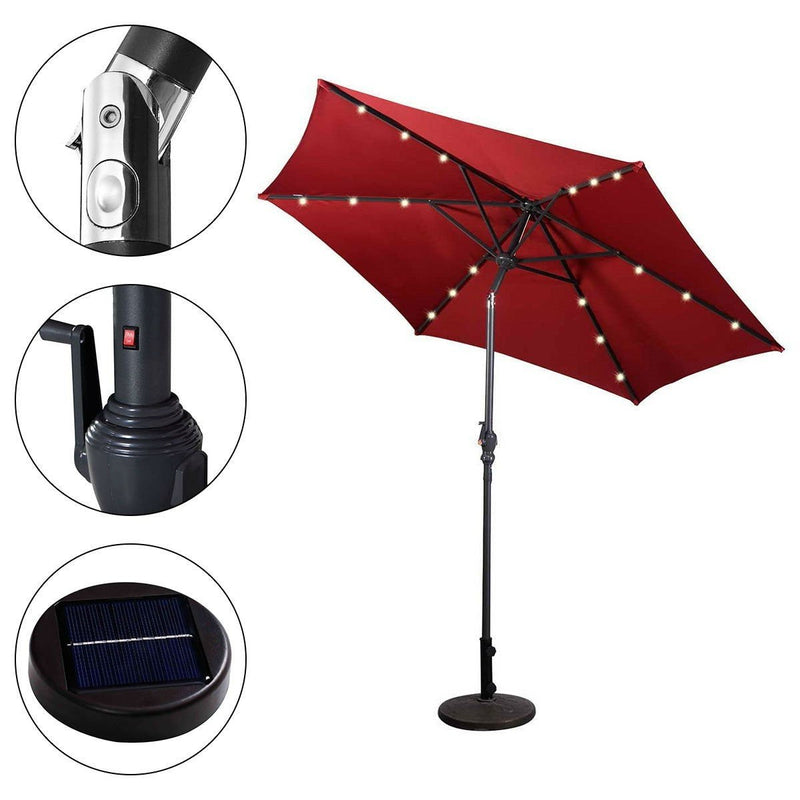 Burgundy 9-Ft Patio Umbrella with Steel Pole Crank Tilt and Solar LED Lights - YourGardenStop
