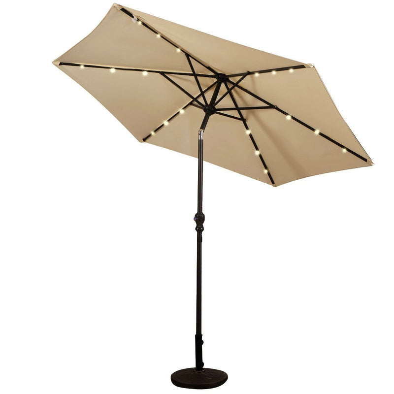 Beige 9-Ft Patio Umbrella with Steel Pole Crank Tilt and Solar LED Lights