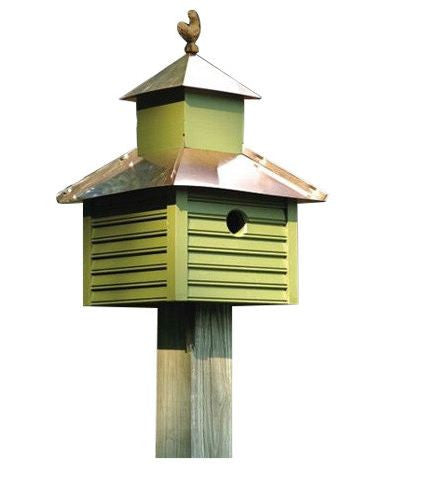 Pinion Green Birdhouse with White / Bright Copper Roof and Rooster Top - YourGardenStop