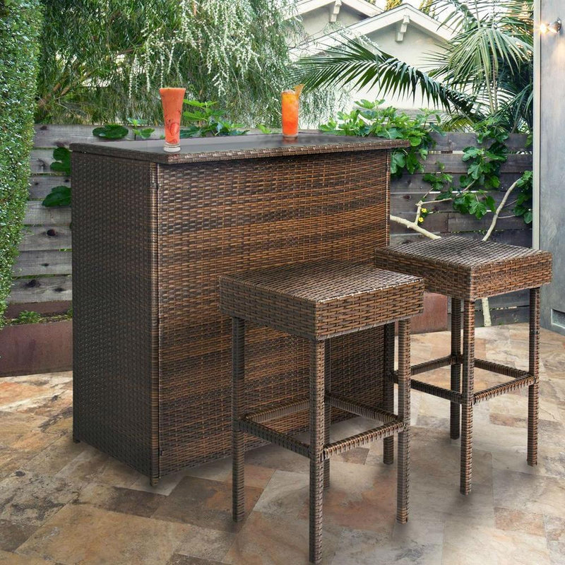 Outdoor 3-Piece PE Wicker Bar Set with Table and Stools - YourGardenStop