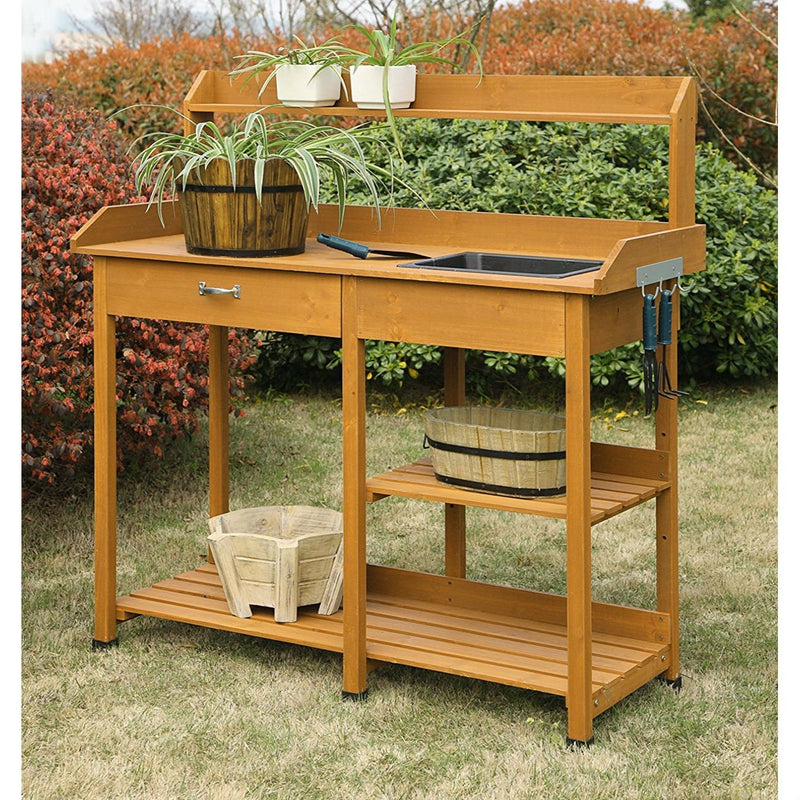 Outdoor Garden Wood Potting Bench Work Table with Sink in Light Oak Finish - YourGardenStop
