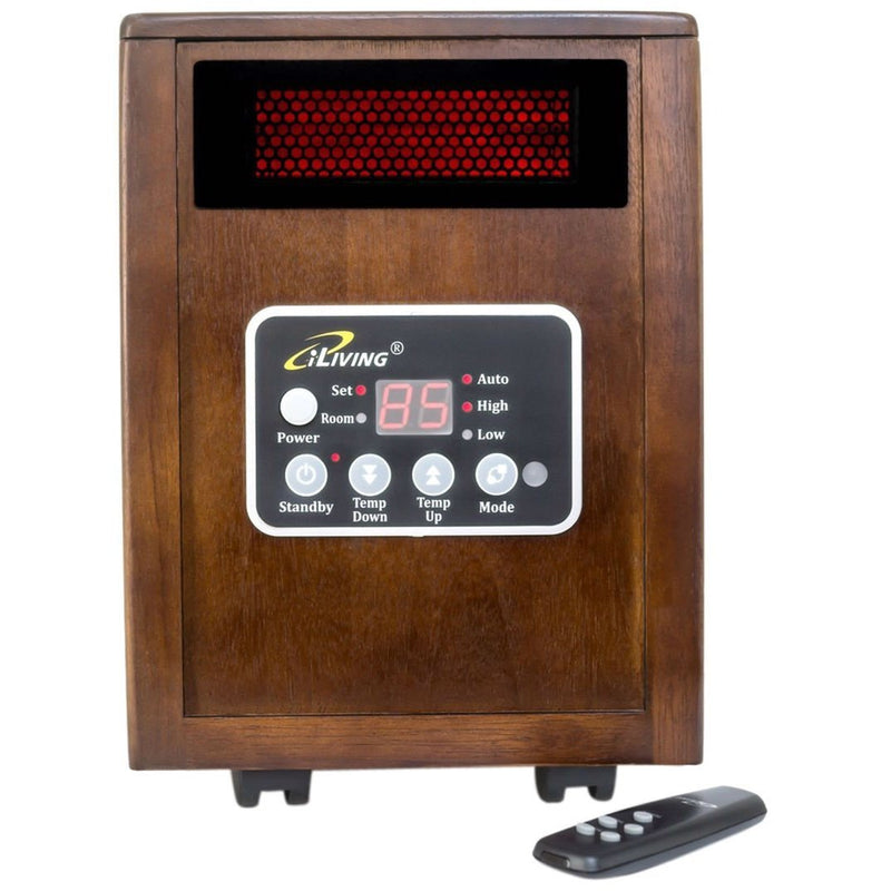 Infrared Space Heater 1500W with Remote w/ Dark Walnut Wood Cabinet