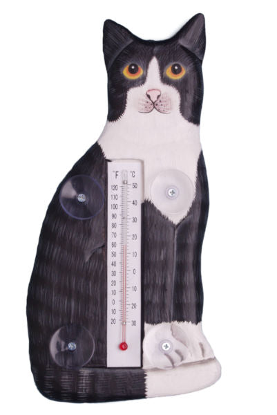 Sitting Black & White Cat Small Window Thermometer - YourGardenStop