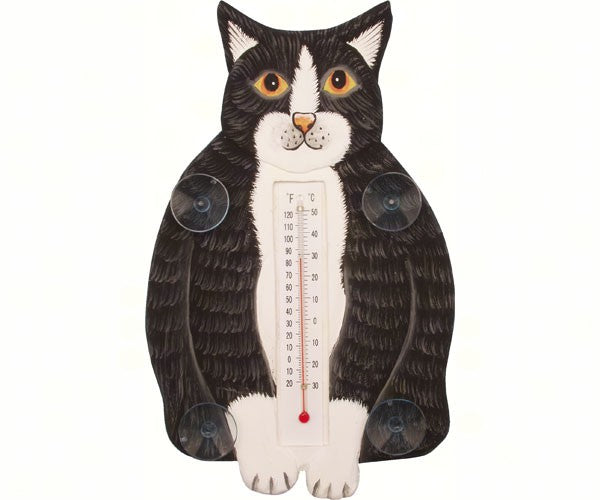 Fat Black & White Cat Small Window Thermometer - YourGardenStop