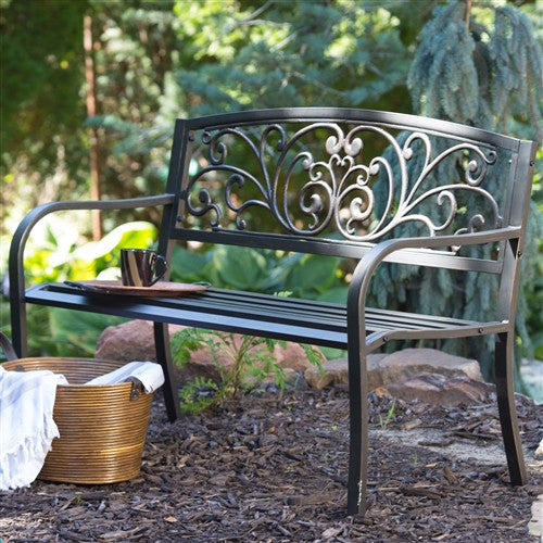 Curved Metal Garden Bench with Heart Pattern in Black Antique Bronze Finish - YourGardenStop
