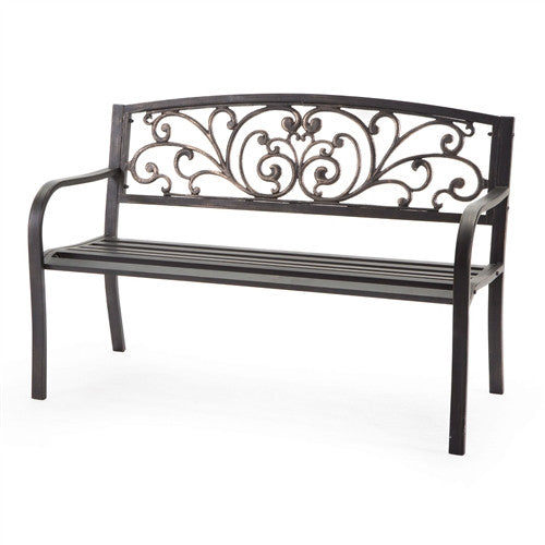 Curved Metal Garden Bench with Heart Pattern in Black Antique Bronze Finish - YourGardenStop