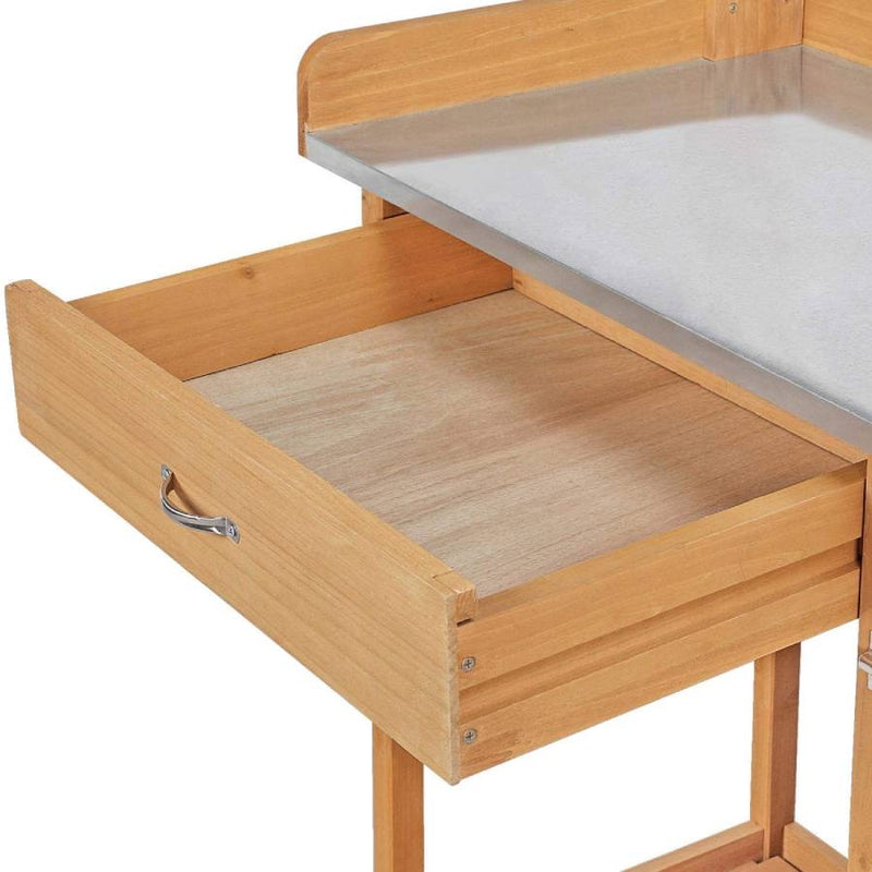 Natural Fir Wood Potting Bench with Stainless Steel Table Top - YourGardenStop